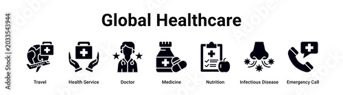 Konstfotografi Global Healthcare web banner icon vector illustration concept for medical with icon of Travel, Health Service, Doctor, Medicine, Nutrition, Infectious Disease
