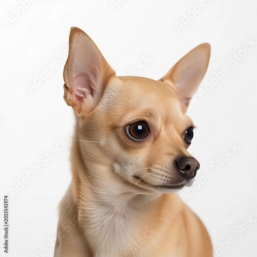 A close-up of a small, tan Chihuahua with large, expressive eyes and erect ears, against a plain white background