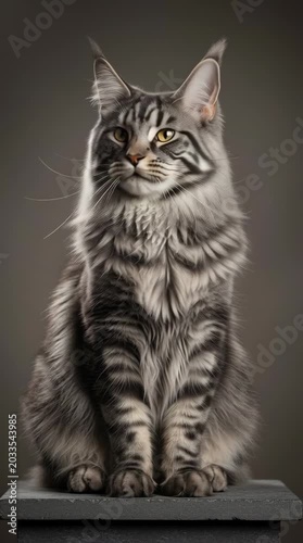 a majestic Maine Coon cat with lush, fluffy grey and black fur, striking yellow eyes, and perked ears, sitting regally on a dark grey surface