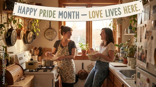 Two happy lgbtq women celebrate Pride month with love in their sunlit kitchen, enjoying a domestic moment of shared cooking and genuine connection