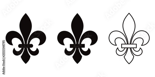Obraz Fleur de lis vector icon set featuring traditional French lily heraldic symbols in black solid silhouette style for luxury 
branding and logo design.