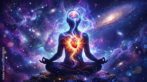 brain nubes energy concept. Silhouette of a meditating figure with illuminated heart and brain surrounded by cosmic, spiritual energy.