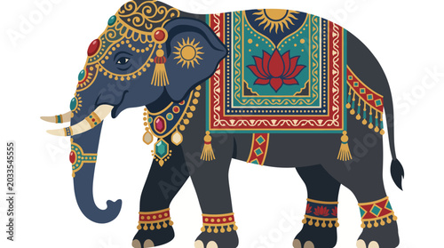 Fotografie Decorated Indian Elephant with Traditional Ornaments and Lotus Pattern on Isolat