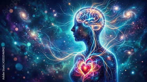 brain nubes energy concept. Silhouetted human figure with illuminated brain and heart connected by glowing neural pathways in a cosmic background.