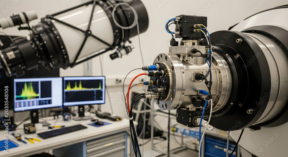 Obraz premium Advanced scientific research equipment with monitors displaying complex data in a modern laboratory setting