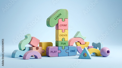 Educational wooden number one puzzle, colorful toy blocks for early childhood learning, pastel building blocks for preschool development and play