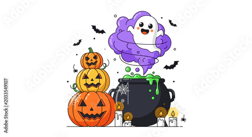 Friendly Ghost Emerging From Purple Cloud Above Cauldron and Stacked Pumpkins With Candles Bat Icons and Spider Webs