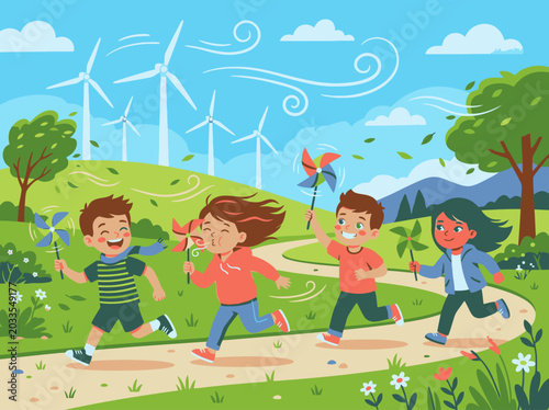 Kids Playing with Paper Windmill for Wind Day Illustration