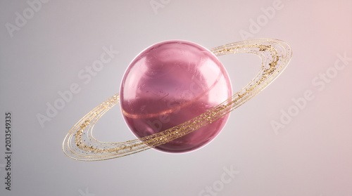 Metallic pink planet with golden glitter rings, 3D render of a celestial sphere in space, luxury cosmic aesthetic for feminine branding and design