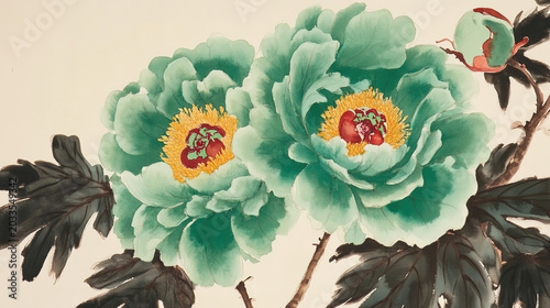 Chinese watercolor circle two large green peonies yellow red centers small bud dark leaves light beige background sumi e style gradients