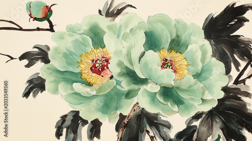 Circular close up green peonies painting yellow red stamens dark foliage small bud light beige ground ink wash natural forms
