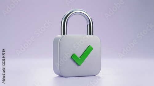 Minimalist 3D padlock with green checkmark icon, secure data protection concept, white metal lock for cyber security and privacy safety