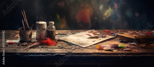 Discover the messy beauty of the creative process on an artist's cluttered workbench.