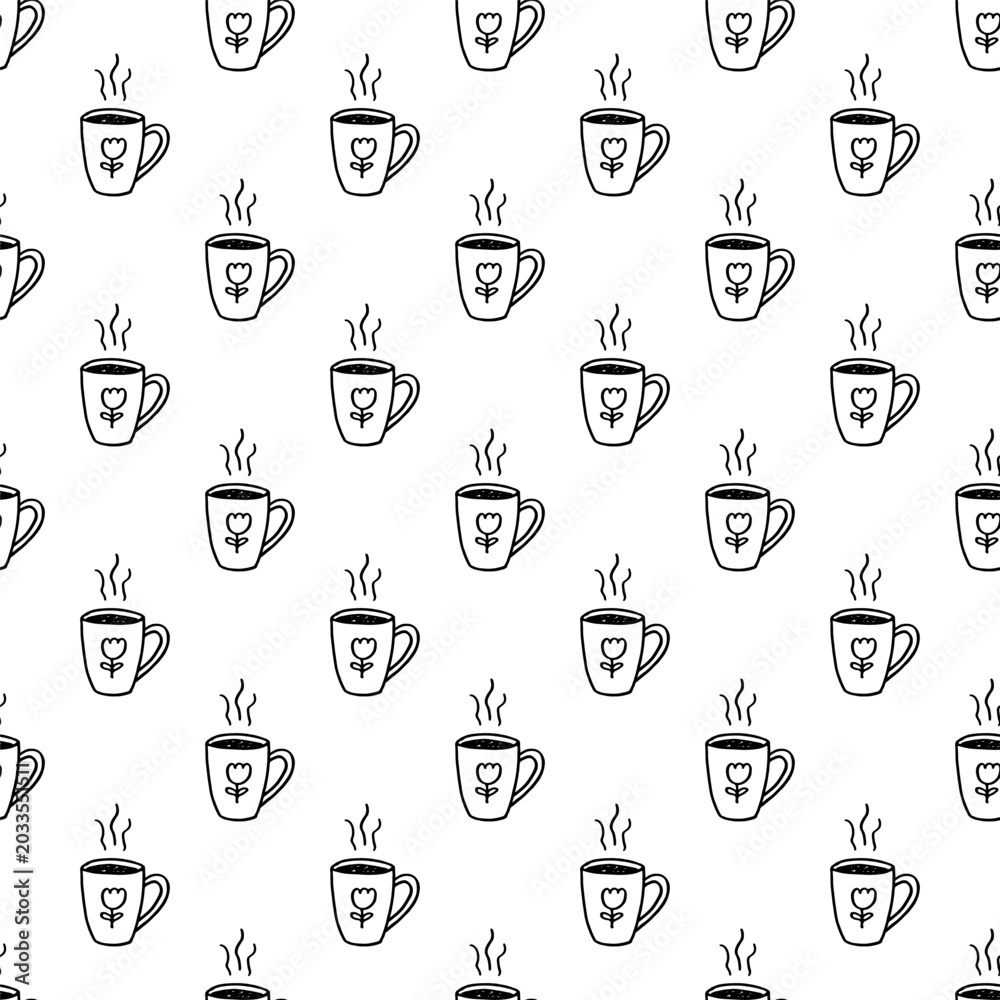 Fototapeta premium Seamless pattern with hand drawn cute cup of tea or coffee Simple mug Cozy home For decorative print, wrapping paper, fabric, packaging, background