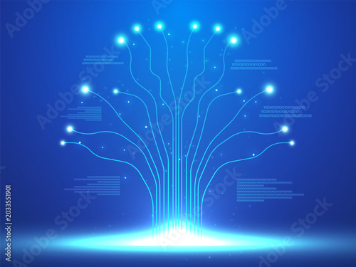 Futuristic AI digital tree with glowing circuit lines tree shapes and binary code floating in mid air Vector Illustration Design concept, representing AI technology, digital innovation, AGI, data flow
