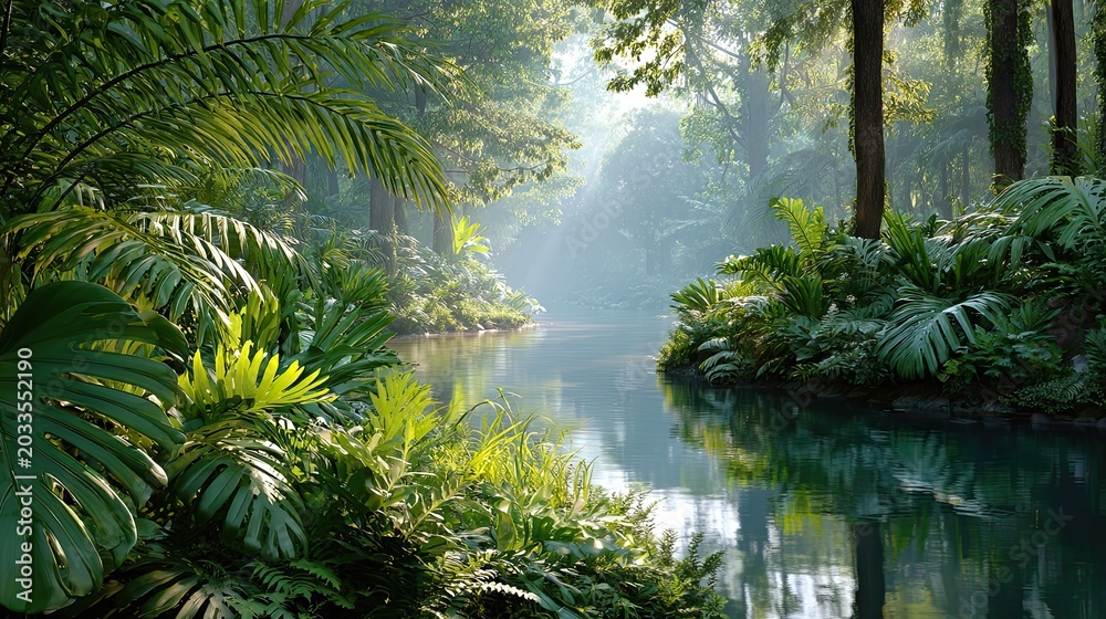 Fototapeta premium Sunlit tropical rainforest with clear river, misty primeval forest natural landscape