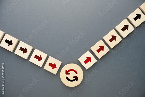 Photos Arrow blocks showing decline followed by reset and renewed growth, representing