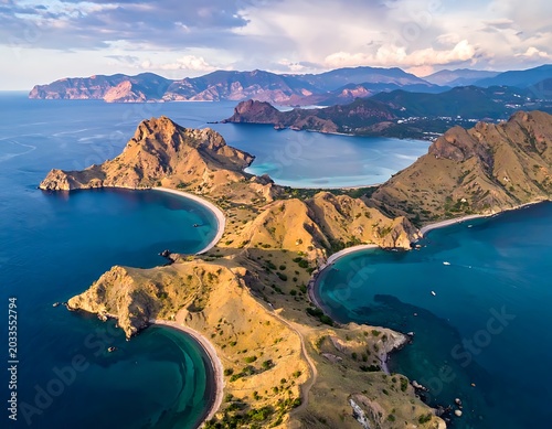 Aerial view of rugged coastline with turquoise bays and mountains