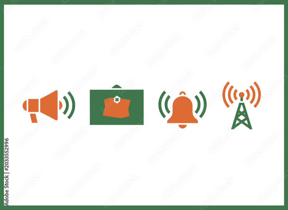 Fototapeta premium Emergency Communication and Alert Icon Set with Megaphone Bell First Aid Kit and Radio Tower