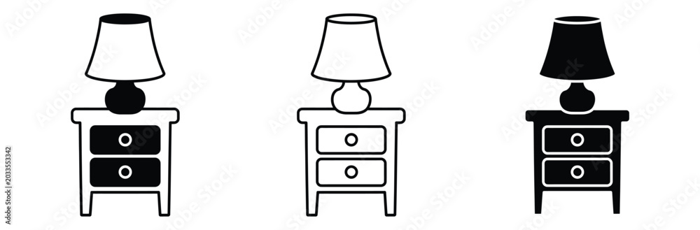 Εκτύπωση καμβά Three line icons of bedside lamps on nightstands in black and white for interior