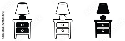Tableau sur toile Three line icons of bedside lamps on nightstands in black and white for interior