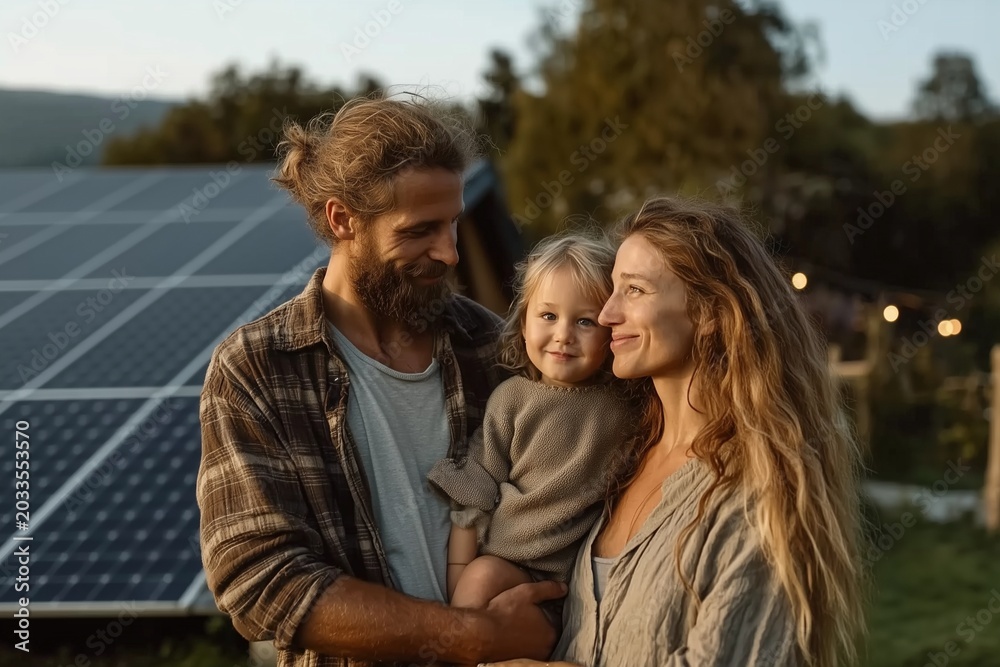Obraz premium Family Embracing Energy Consciousness on Global Day of Parents with Solar Panels in Background