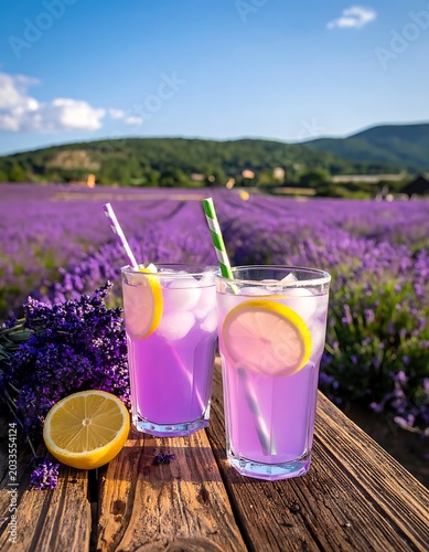 Refreshing drinks on a wooden table in a lavender field