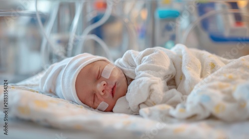 Premature newborn baby sleeping peacefully in hospital NICU incubator