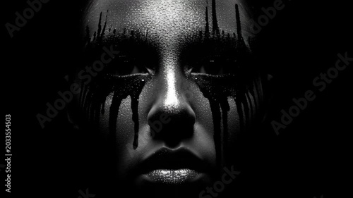 Young woman with black paint dripping down her face on dark background  