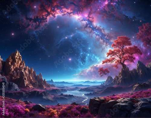 Vibrant cosmic landscape with a tree, mountains, and stars