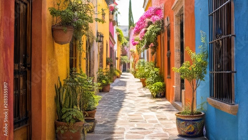 alley. A narrow alley with colorful painted walls and potted plants in warm sunlight. travel magazines, destination branding, designed for outdoor magazines and nature guides, drives exploration.