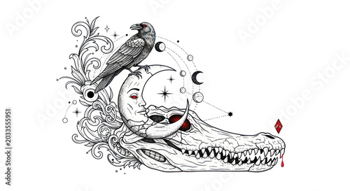 Valokuva Mystical Raven on Crescent Moon atop Alligator Skull with Celestial Elements