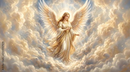guardian angel artwork with soft clouds, ideal for religious publishing, prayer cards, memorial designs, and posters.