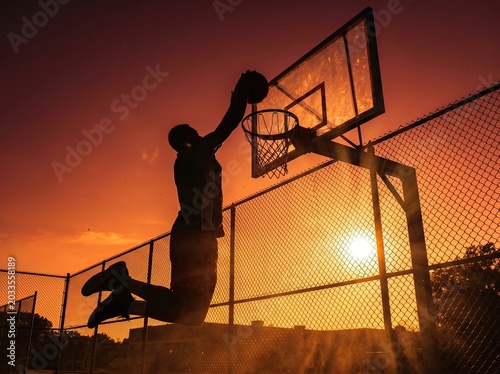 Silhouette of a basketball player performing a slam dunk at sunset