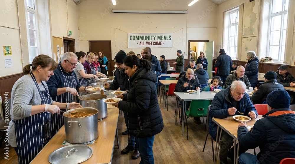 Fototapeta premium Volunteers Serving Hot Meals at a Community Center Soup Kitchen.
