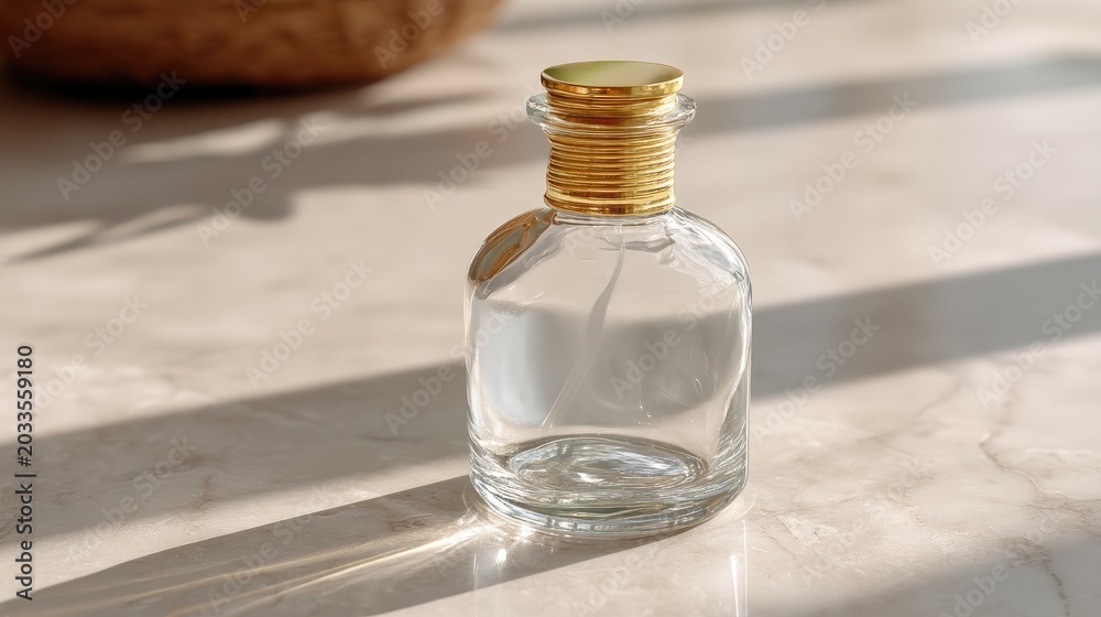 Obraz premium Elegant Glass Bottle with Gold Cap on Marble Surface Captured in Soft Natural Light