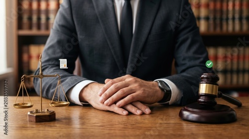 Professional Lawyer at Desk with Scales of Justice and Gavel in Library Setting
