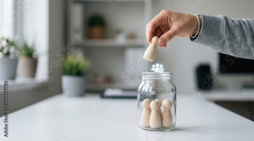 Hand placing wooden figures into glass jar represented teamwork, collaboration, and unity in modern office space