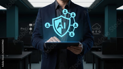 Businessman Using Tablet with AI Shield Symbol in Modern Office Environment for Technology and Innovation Concepts