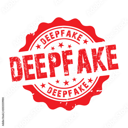 Bold red deepfake stamp with distressed text and stars