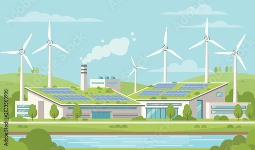 Eco friendly industrial buildings with rooftop solar panels and wind turbines in sustainable smart city landscape vector illustration