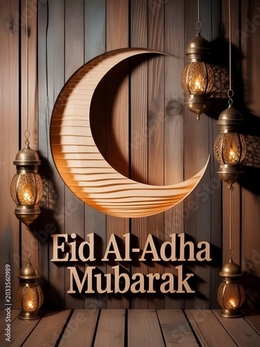 Eid al-adha mubarak greeting with crescent moon and lanterns