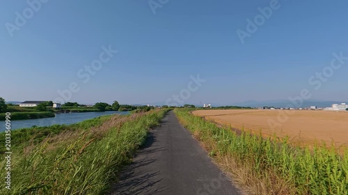 POV shot of moving forward on a straight path between a river and a rice field