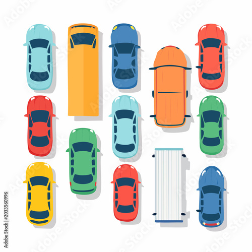 Top View Collection of Colorful Cars and Trucks