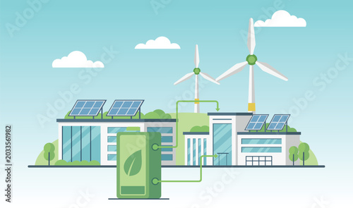 Green energy storage system connected to smart eco city with solar panels, wind turbines and clean power infrastructure illustration