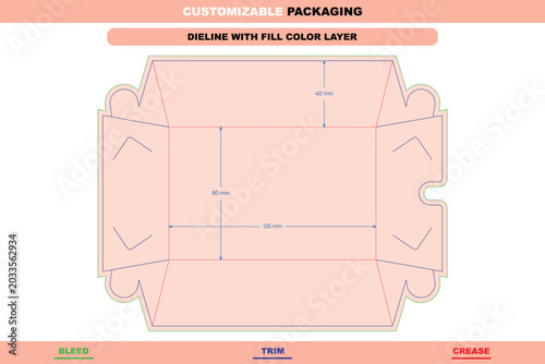 Flat dieline template for a foldable hot dog tray box with dimensions, featuring color-coded lines for bleed, trim, and crease in a layout