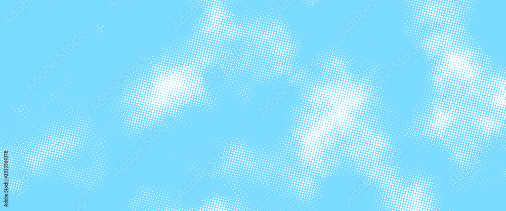 Obraz premium Abstract blue sky backdrop featuring rasterized white cloud halftone texture and retro comic-style atmosphere for advertising, collage, and print design.