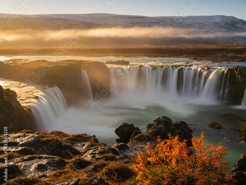 Majestic horseshoe waterfalls cascade into turquoise pools amid golden autumn Iceland mist.