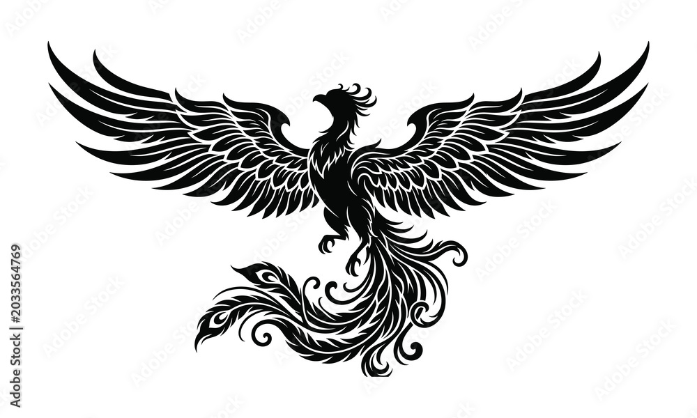 Obraz premium Phoenix, bird, silhouette, vector, illustration, tribal, tattoo, design, mythical, flying, majestic, spread, wings, firebird, black, isolated, white, rebirth, fantasy, logo