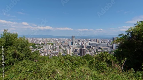 Static high angle view of the cityscape around Kumamoto Station in May 2026